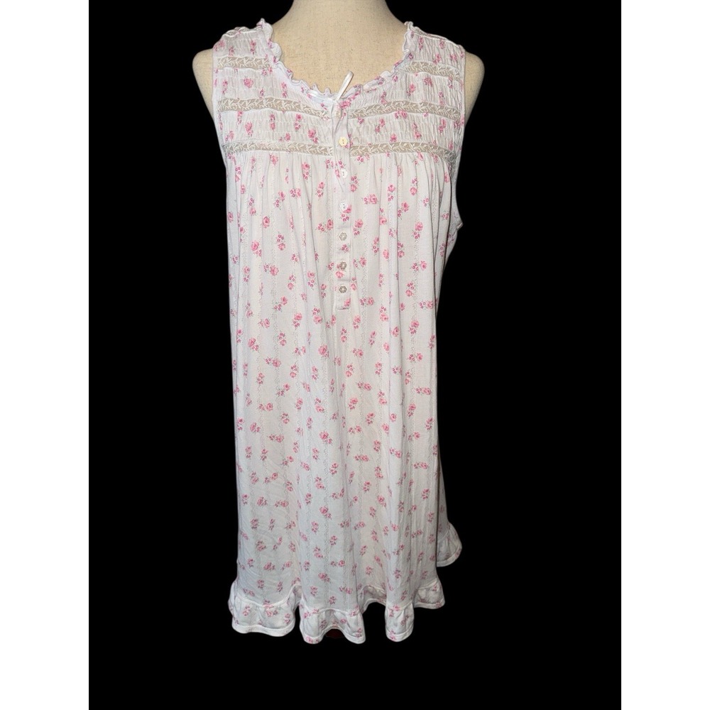 Eileen West Nightgown Womens Large White Pink Floral Lace Trim Sleeveless Ruffle